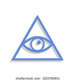 All seeing eye pyramid symbol. Freemason and spiritual. Vector. Neon blue icon with cyclamen polka dots pattern with light gray shadow on white background. Isolated.