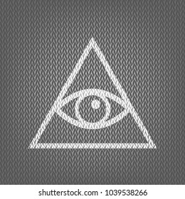 All seeing eye pyramid symbol. Freemason and spiritual. Vector. White knitted icon on gray knitted background. Isolated.