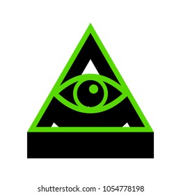 All seeing eye pyramid symbol. Freemason and spiritual. Vector. Green 3d icon with black side on white background. Isolated.