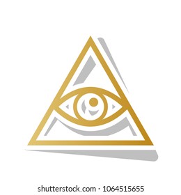 All seeing eye pyramid symbol. Freemason and spiritual. Vector. Golden gradient icon with white contour and rotated gray shadow at white background.
