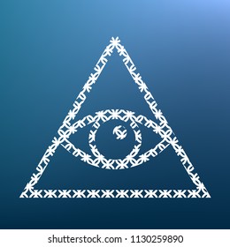 All seeing eye pyramid symbol. Freemason and spiritual. Vector. White textured icon at lapis lazuli gradient background.