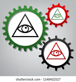 All seeing eye pyramid symbol. Freemason and spiritual. Vector. Three connected gears with icons at grayish background.