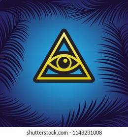 All seeing eye pyramid symbol. Freemason and spiritual. Vector. Golden icon with black contour at blue background with branches of palm trees.