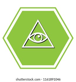 All seeing eye pyramid symbol. Freemason and spiritual. Vector. White icon with black shadow at yellow green honeycomb on white background.