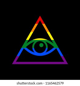 All seeing eye pyramid symbol. Freemason and spiritual. Vector. Icon with colors of LGBT flag at black background.