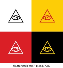 All seeing eye pyramid symbol. Freemason and spiritual. Vector. Icons of german flag on corresponding colors as background.