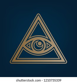 All seeing eye pyramid symbol. Freemason and spiritual. Vector. Golden icon and border at dark cyan background.