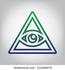 All seeing eye pyramid symbol. Freemason and spiritual. Vector. Green to blue gradient contour icon at grayish background with light in center.