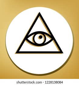 All seeing eye pyramid symbol. Freemason and spiritual. Vector. Black icon with light brown shadow in white circle with shaped ring at golden background.