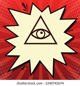 All seeing eye pyramid symbol. Freemason and spiritual. Vector. Dark red icon in lemon chiffon shutter bubble at red popart background with rays.