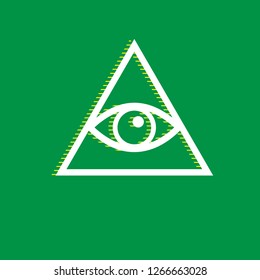 All seeing eye pyramid symbol. Freemason and spiritual. Vector. White flat icon with yellow striped shadow at green background.