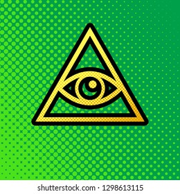 All seeing eye pyramid symbol. Freemason and spiritual. Vector. Pop art orange to yellow dots-gradient icon with black contour at greenish background.