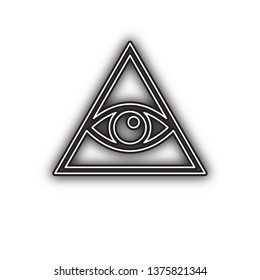 All seeing eye pyramid symbol. Freemason and spiritual. Vector. Double contour black icon with soft shadow at white background. Isolated.