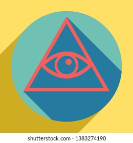 All seeing eye pyramid symbol. Freemason and spiritual. Sunset orange icon with llapis lazuli shadow inside medium aquamarine circle with different goldenrod shadow at royal yellow background.