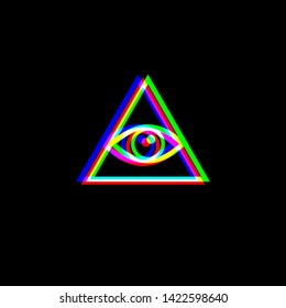 All seeing eye pyramid symbol. Freemason and spiritual. Red, green and blue unfocused contour icon at black background. Illustration.