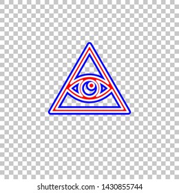All seeing eye pyramid symbol. Freemason and spiritual. Red, white and contour icon at transparent background. Illustration.
