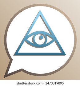 All seeing eye pyramid symbol. Freemason and spiritual. Bright cerulean icon in white speech balloon at pale taupe background. Illustration.