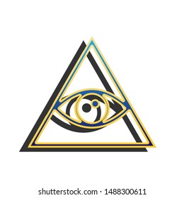 All seeing eye pyramid symbol. Freemason and spiritual. Blue icon with gold contour with dark gray shadow at white background. Illustration.