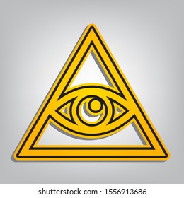 All seeing eye pyramid symbol. Freemason and spiritual. Flat orange icon with overlapping linear black icon with gray shadow at whitish background. Illustration.