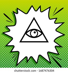 All seeing eye pyramid symbol. Freemason and spiritual. Black Icon on white popart Splash at green background with white spots. Illustration.