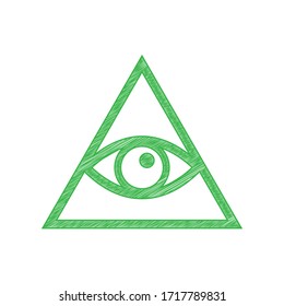 All seeing eye pyramid symbol. Freemason and spiritual. Green scribble Icon with solid contour on white background. Illustration.