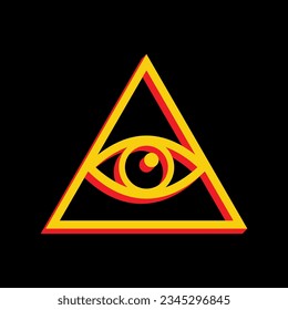All seeing eye pyramid symbol. Freemason and spiritual. 3D Extruded Yellow Icon with Red Sides a Black background. Illustration.