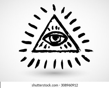All seeing eye pyramid symbol in the engraving tattoo style. Freemason and spiritual, illuminati and religion, triangle magic, vector illustration