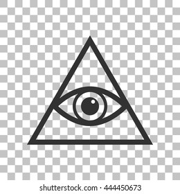 All seeing eye pyramid symbol. Freemason and spiritual. Dark gray icon on transparent background.