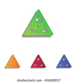 All seeing eye pyramid symbol. Freemason and spiritual. Colorfull applique icons set.
