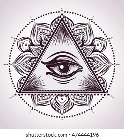 All seeing eye pyramid symbol with flower. New World Order. Sketch of tattoo art. Mandala. Boho chic .Eye of Providence. Conspiracy theory. 