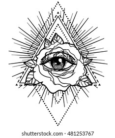 All seeing eye pyramid symbol with rose flower. Sacred geometry. Tattoo flash. vector illustration isolated on white. Mystic symbol. New school. Boho design. Print, posters, t-shirts and textiles.