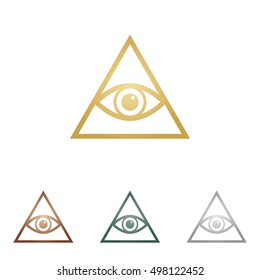 All seeing eye pyramid symbol. Freemason and spiritual. Metal icons on white backgound.
