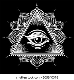 All seeing eye pyramid symbol with floral mandala. New World Order. Sketch tattoo art.  Eye of Providence. Conspiracy theory. 