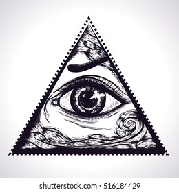 All seeing eye pyramid symbol. New World Order.Eye of Providence. drawn detailed symbol of yoga. Boho chic.Isolated vector illustration. 