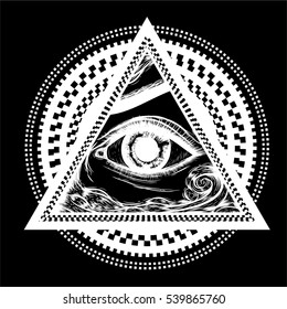 All seeing eye pyramid symbol with hypnotic circles. New World Order.Eye of Providence with waves. Hand drawn detailed symbol of yoga. Isolated vector illustration. Mandala.