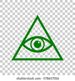 All seeing eye pyramid symbol. Freemason and spiritual. Dark green icon on transparent background.