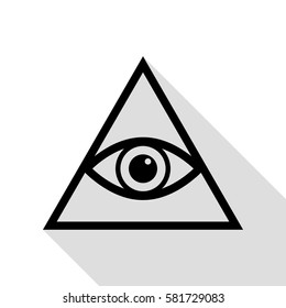 All seeing eye pyramid symbol. Freemason and spiritual. Black icon with flat style shadow path.