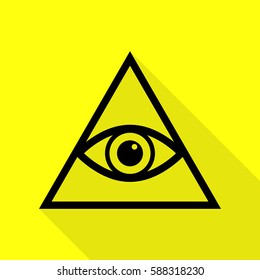 All seeing eye pyramid symbol. Freemason and spiritual. Black icon with flat style shadow path on yellow background.