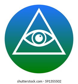 All seeing eye pyramid symbol. Freemason and spiritual. Vector. White icon in bluish circle on white background. Isolated.