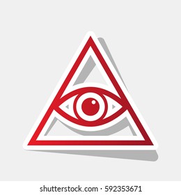 All seeing eye pyramid symbol. Freemason and spiritual. Vector. New year reddish icon with outside stroke and gray shadow on light gray background.