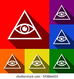 All seeing eye pyramid symbol. Freemason and spiritual. Vector. Set of icons with flat shadows at red, orange, yellow, green, blue and violet background.