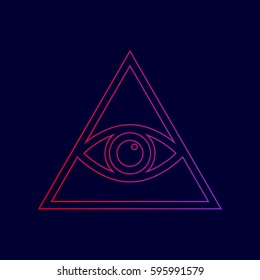 All Seeing Eye Pyramid Symbol. Freemason And Spiritual. Vector. Line Icon With Gradient From Red To Violet Colors On Dark Blue Background.