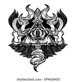 All seeing eye pyramid symbol with horns and black leaves. Hand-drawn Eye of Providence.  Isolated vector illustration.  Conspiracy theory tattoo art, pins, badges and stickers.