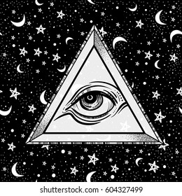 All seeing eye pyramid symbol. Hand-drawn Eye of Providence. Alchemy, religion, spirituality, tattoo art. Isolated vector illustration. Night star background.