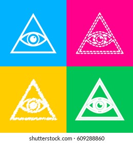 All seeing eye pyramid symbol. Freemason and spiritual. Four styles of icon on four color squares.