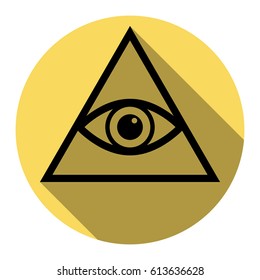 All seeing eye pyramid symbol. Freemason and spiritual. Vector. Flat black icon with flat shadow on royal yellow circle with white background. Isolated.