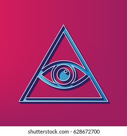 All seeing eye pyramid symbol. Freemason and spiritual. Vector. Blue 3d printed icon on magenta background.