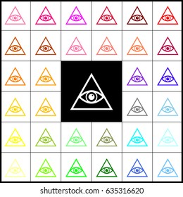 All seeing eye pyramid symbol. Freemason and spiritual. Vector. Felt-pen 33 colorful icons at white and black backgrounds. Colorfull.