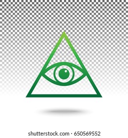 All seeing eye pyramid symbol. Freemason and spiritual. Vector. Green gradient icon with shadow at bottom on transparent and white background.