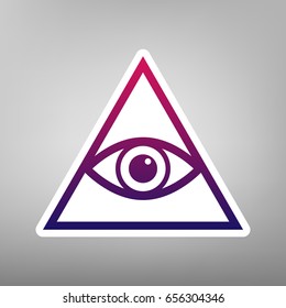 All seeing eye pyramid symbol. Freemason and spiritual. Vector. Purple gradient icon on white paper at gray background.